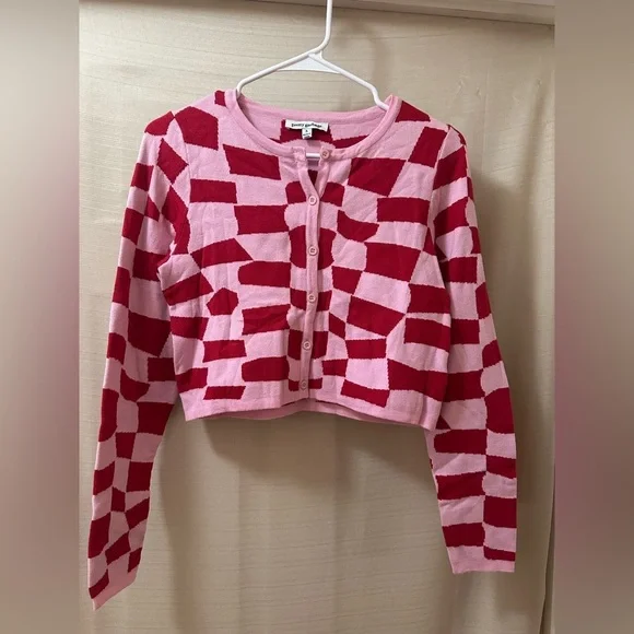 Pretty Garbage Pink & Red Checker Knit Cropped Cardigan | Size S - Picture 1 of 5